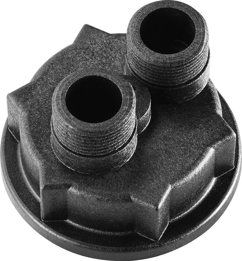 Flex Adapter mit zwei Anschlüssen für Wasseraufbereitung, hergestellt von Bosch. Schwarz und rund geformt, geeignet für verschiedene Installationen.